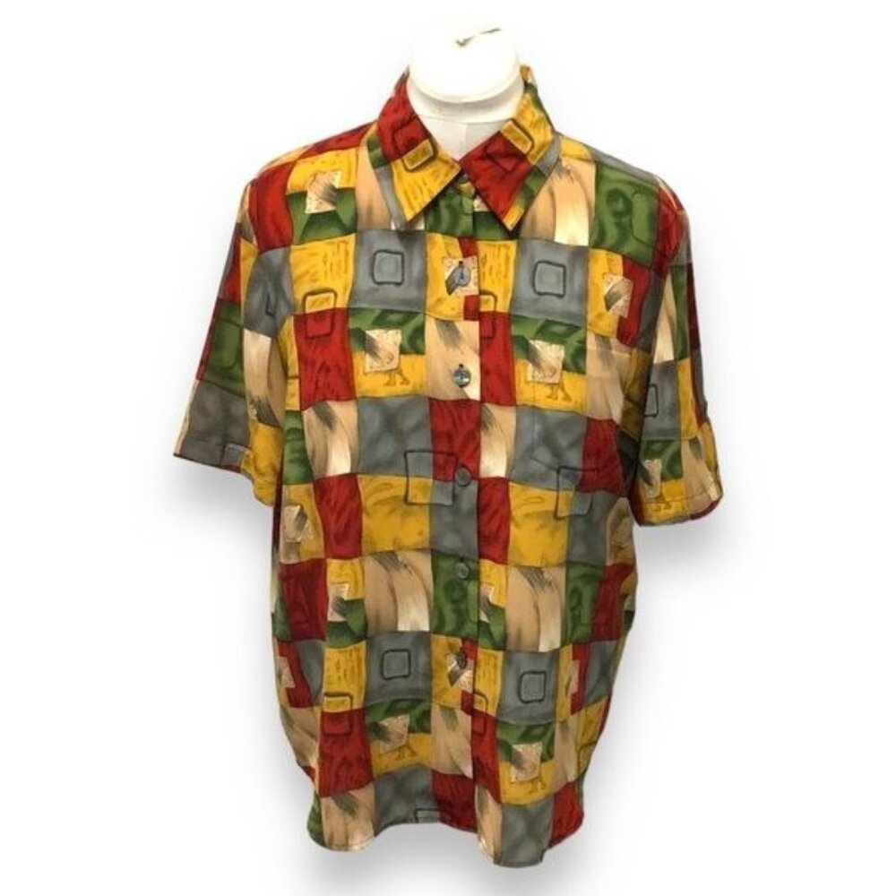 Kathy Che Women’s Short Sleeve Button Down Shirt VTG 80s/90s Bold Multicolor 14